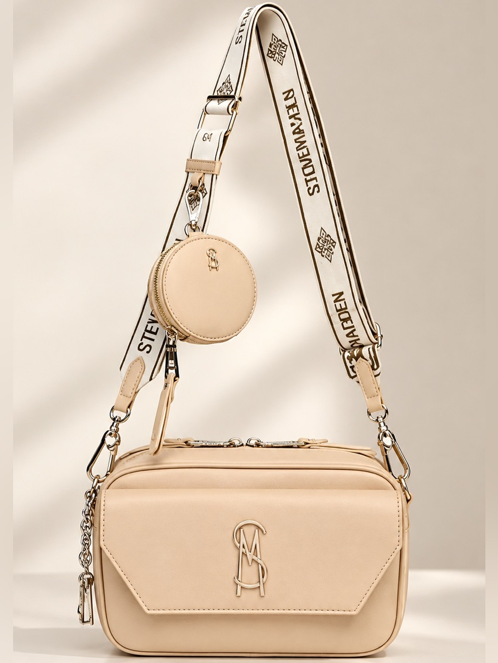 Steve Madden Cream Crossbody Camera Bag with Coin Pouch and Logo Strap